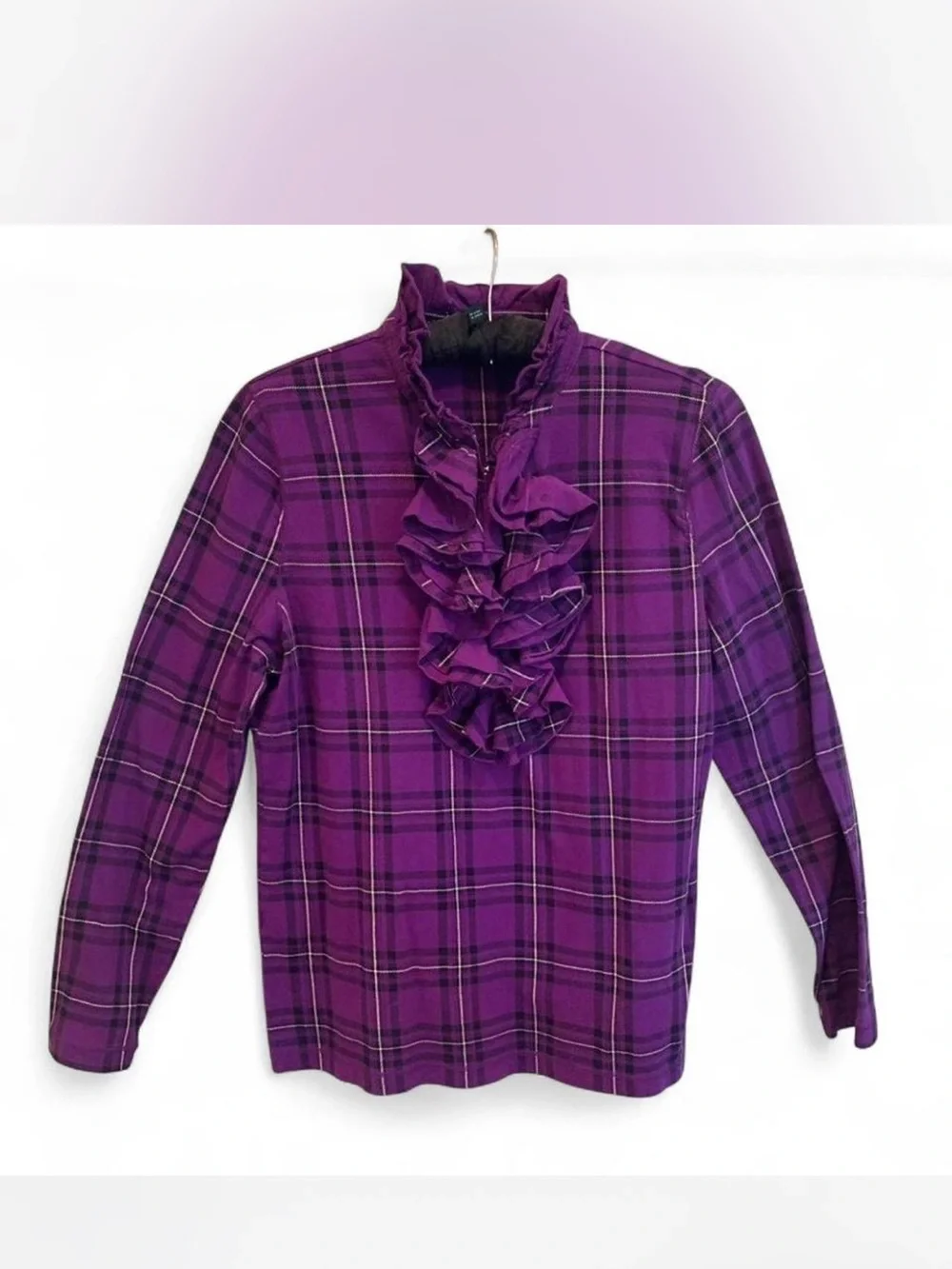 Ralph Lauren Purple Plaid Ruffle Front Top size L